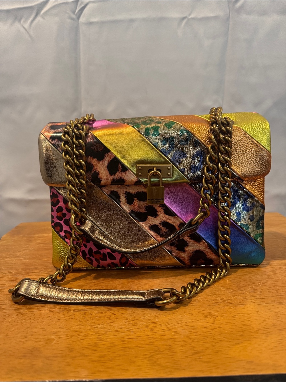 Kurt Geiger Multicolor Metallic Patchwork Crossbody with Gold Chain